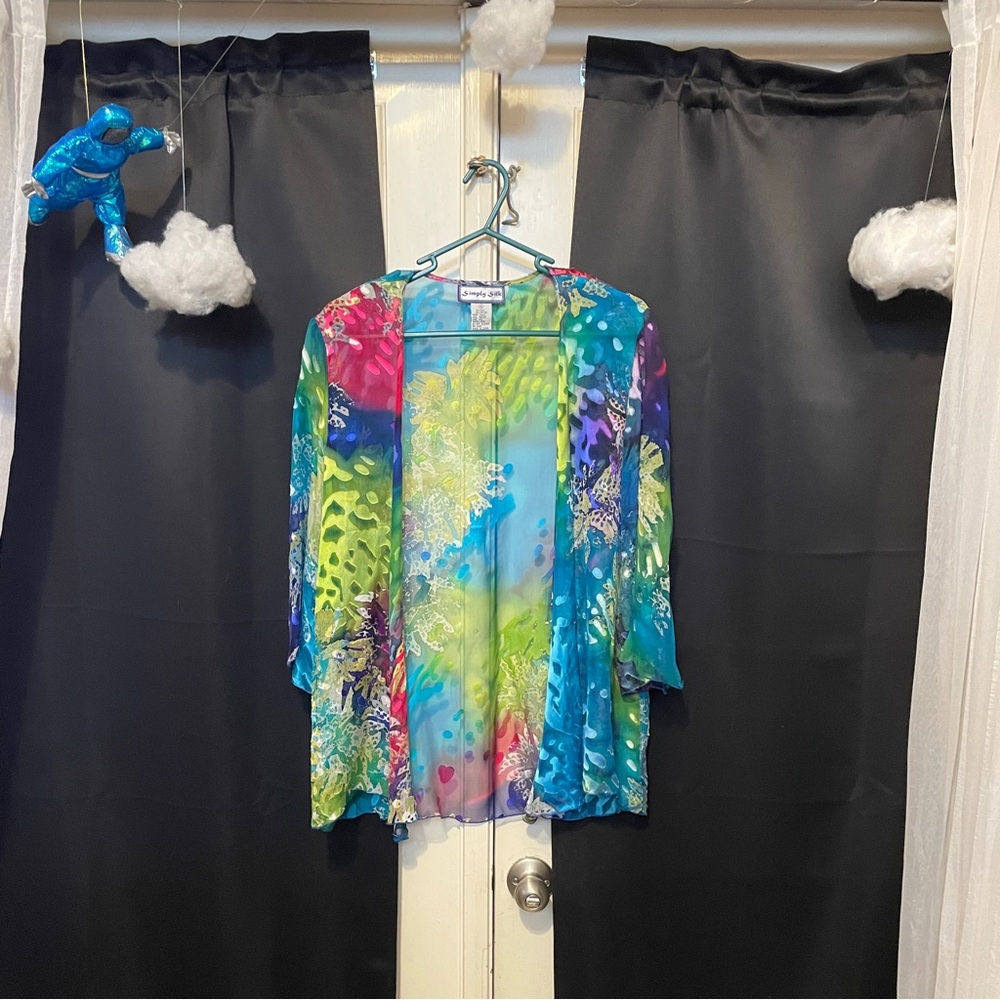 M Simply Silk Green Multicolored Open Front Shirt… - image 3